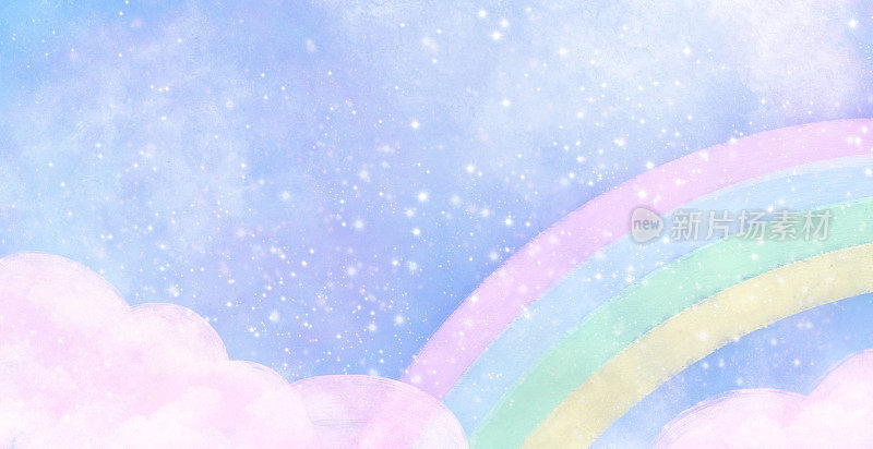 梦幻彩虹，云和天空的背景，漂亮的插图在柔和的颜色