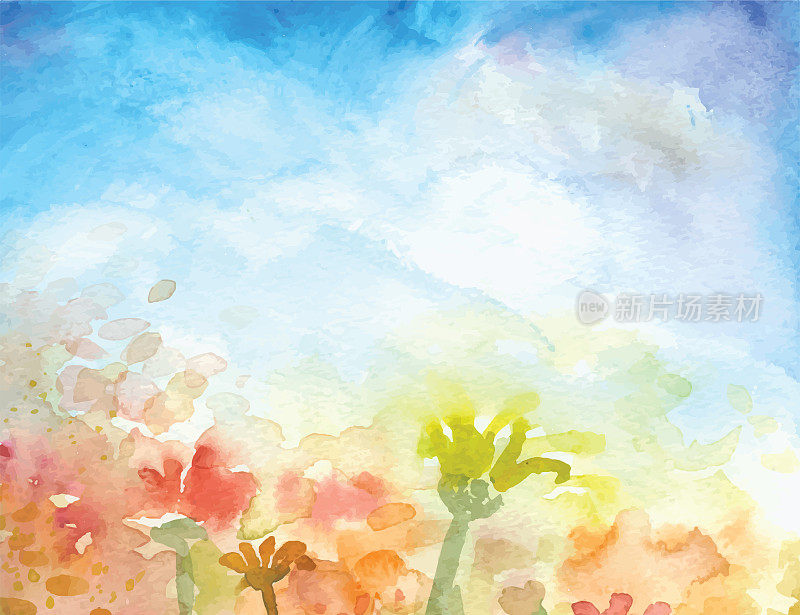 矢量插图的水彩画-美丽的花朵，蓝天，云…