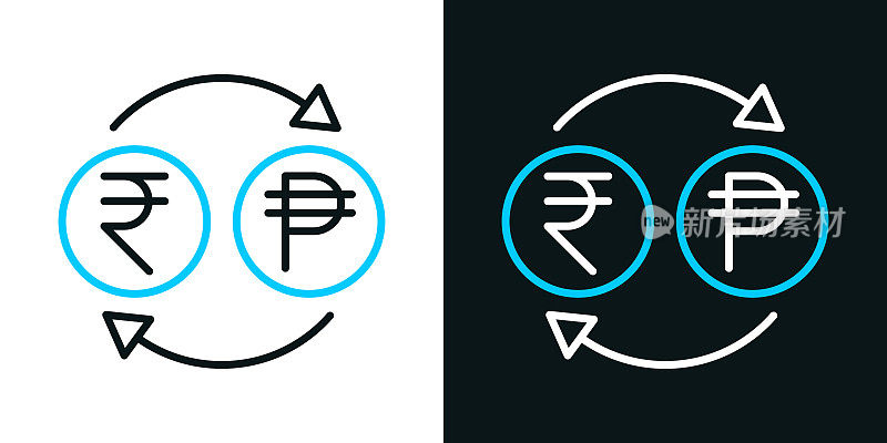 货币兑换-印度卢比比索。黑色或白色背景上的双色线图标-可编辑的笔画