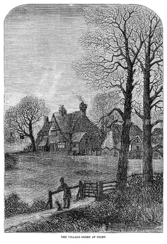 夜晚的村庄-雕刻插图1862