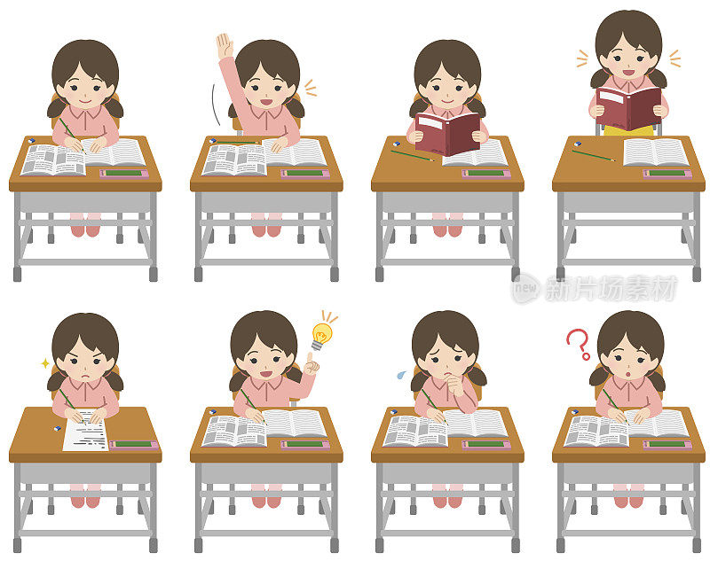 一个女孩在课桌前上课的各种姿势