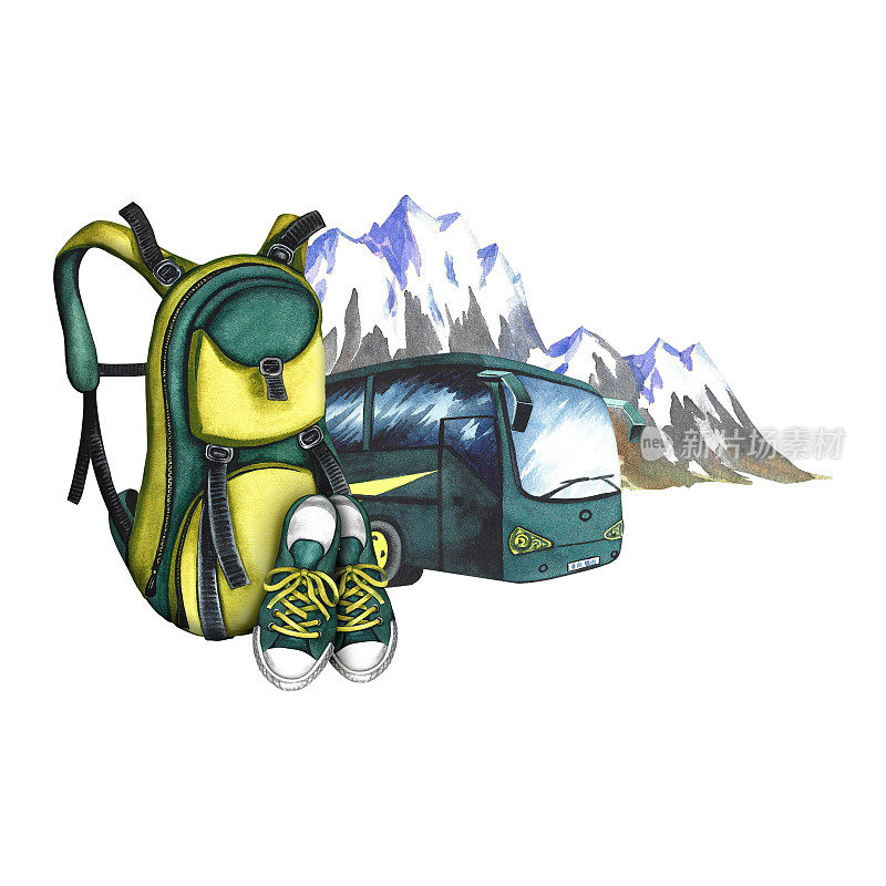 背包和运动鞋的背景是一辆旅游巴士和雪山。旅游和旅行。水彩手绘插图。专为传单，横幅和明信片。的邀请。