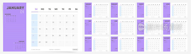 2024日历桌面模板设计。每周从周日开始，紫色商务日历。桌面计划在最小的现代风格。公司或办公室日历。英文矢量日历布局。