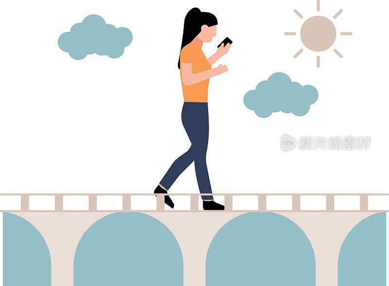 女孩在桥上走着用手机。
