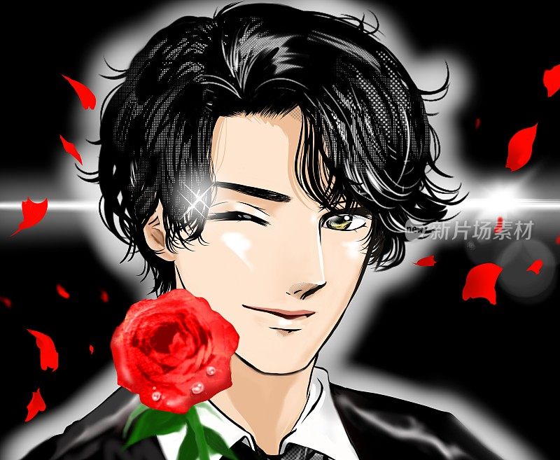漫画风格的肖像插图，一个英俊的黑发男孩用一个眨眼和手指心，手里拿着一朵红玫瑰。