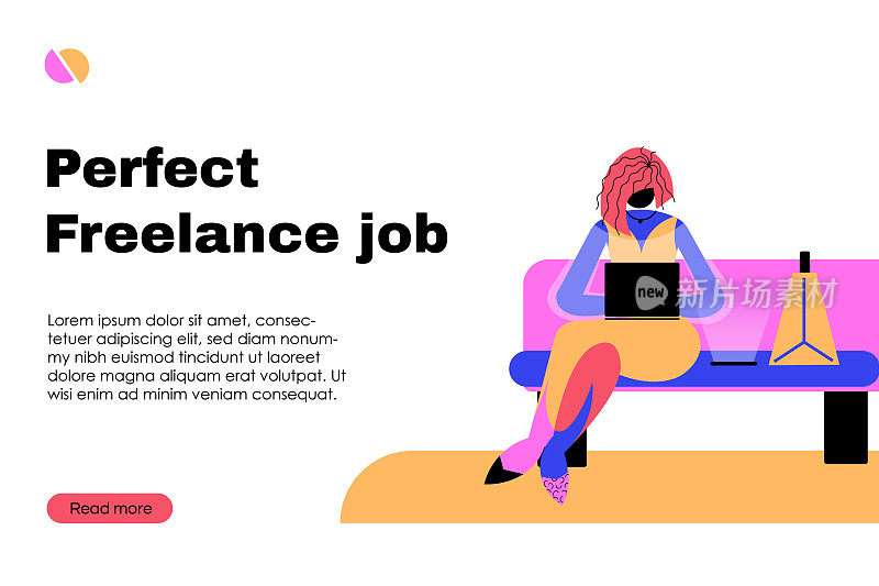 网页横幅――登陆页。在电脑上工作的成年女性。自由的工作