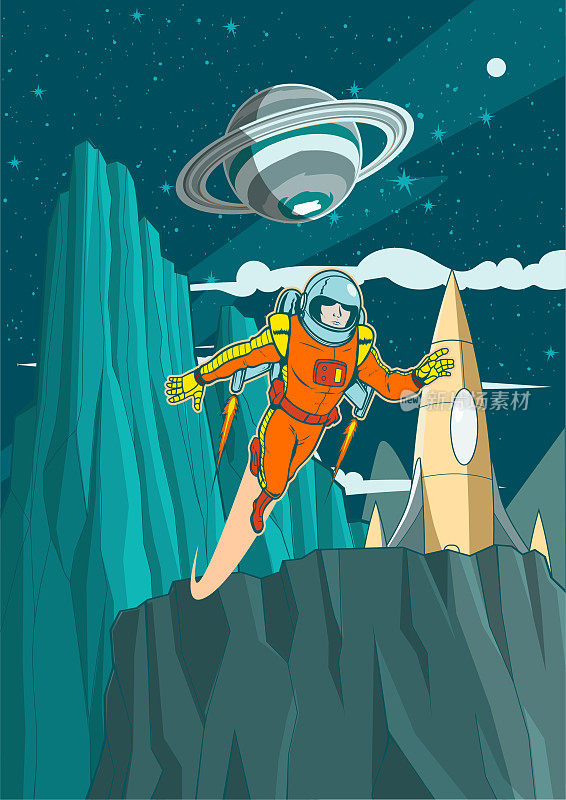 矢量复古宇航员与喷气背包探索一个星球上的喷气背包股票插图