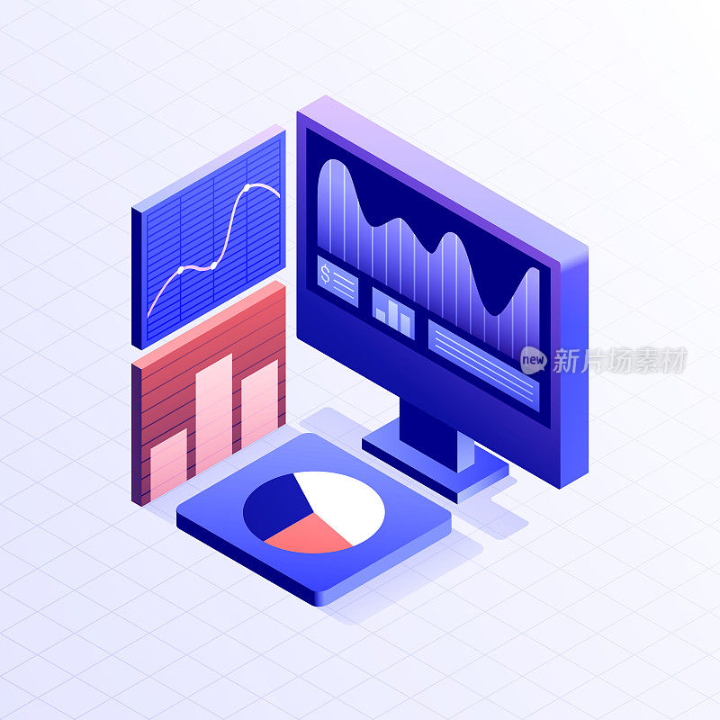 市场分析图标设计，三维和等距绘图。广告、客户、数字营销、研究。