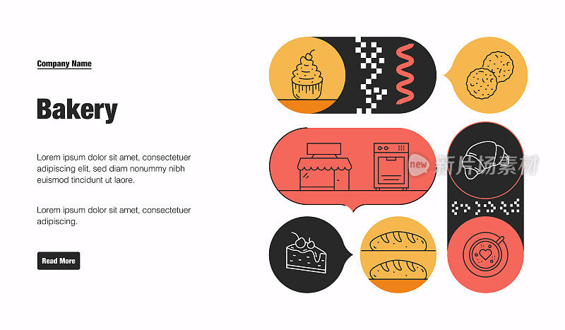 面包店相关的矢量横幅设计概念。全局多球体随时可用的模板。网页横幅,网站标题,杂志,移动应用程序等。现代设计。