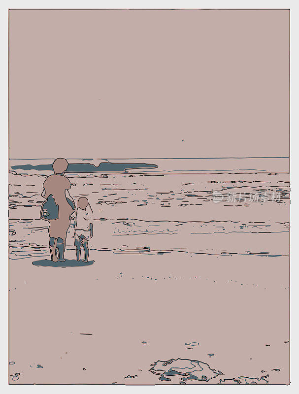 轮廓Risograph风格的母亲与女儿在海滩插图背景