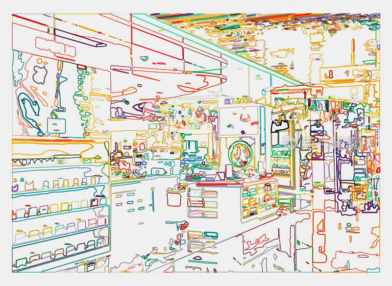 抽象液体线条艺术风格的日常用品零售商店艺术插图背景
