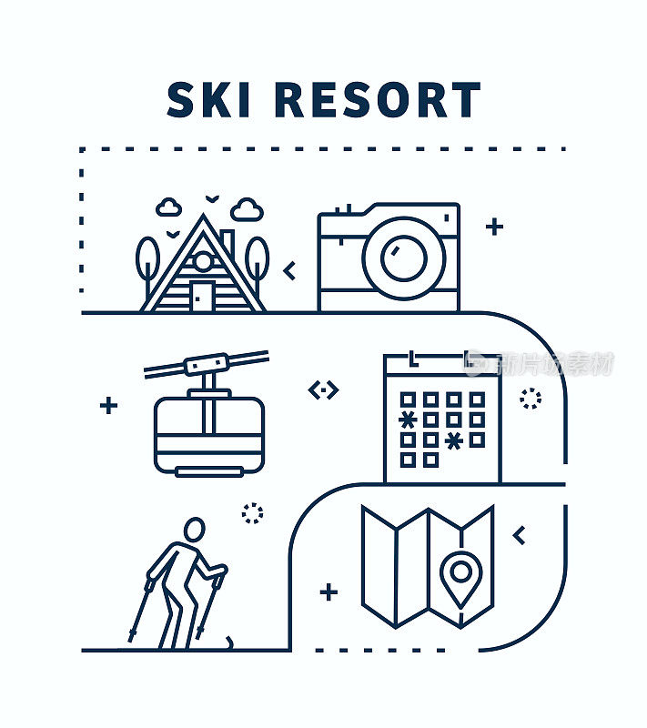 滑雪胜地相关的矢量横幅设计概念。全局多球体随时可用的模板。网页横幅，网站标题，杂志，移动应用程序等。现代设计。