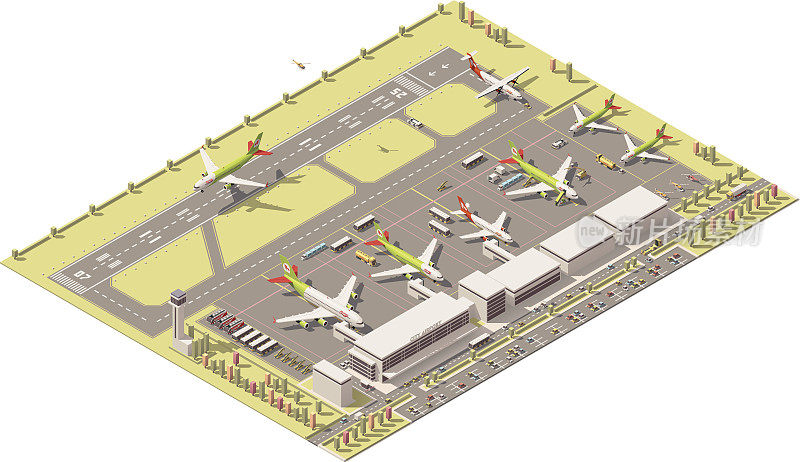 带管制塔的低多边形机场候机楼矢量等距