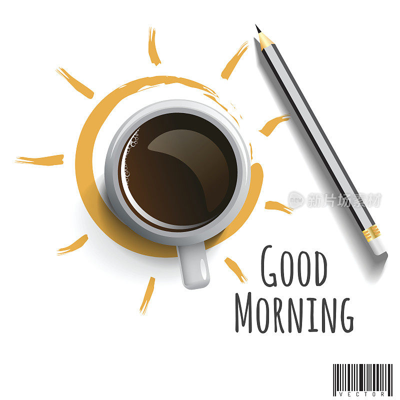 早上好，用铅笔和文字的咖啡