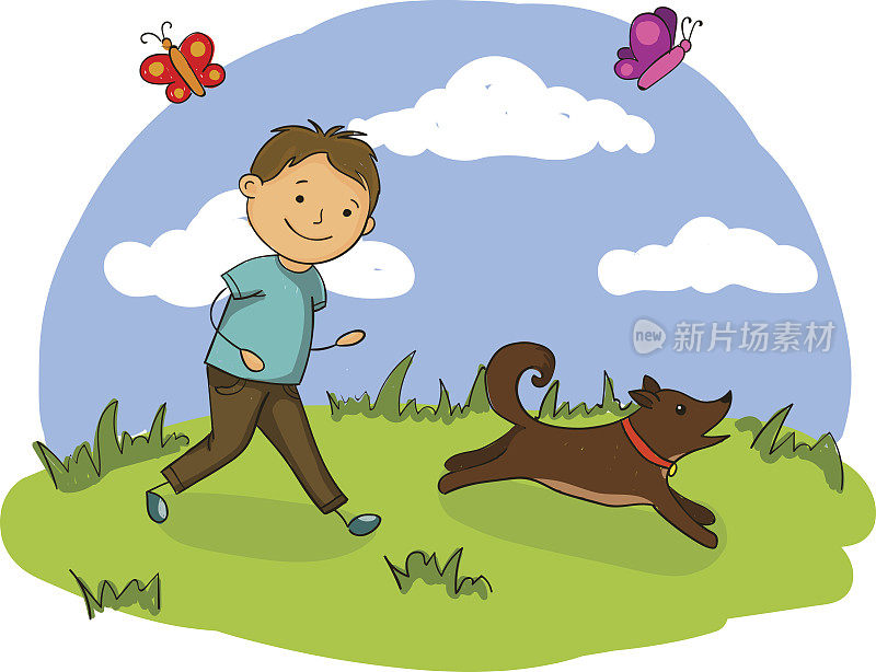 矢量插图英俊的小男孩和他的狗玩