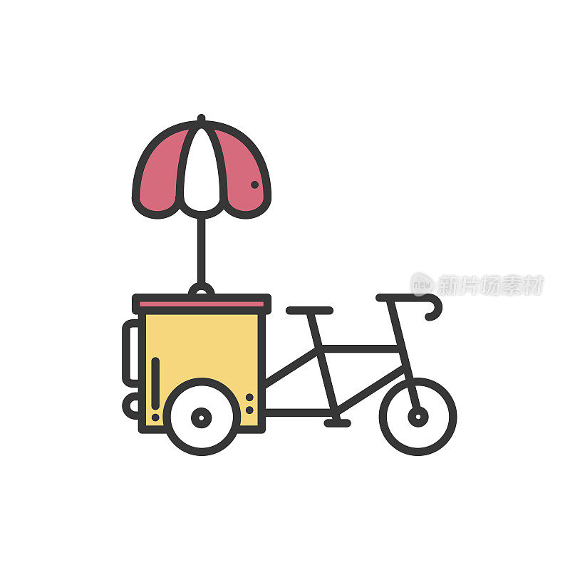 街头小吃零售细线标志。三轮车贸易马车。自行车