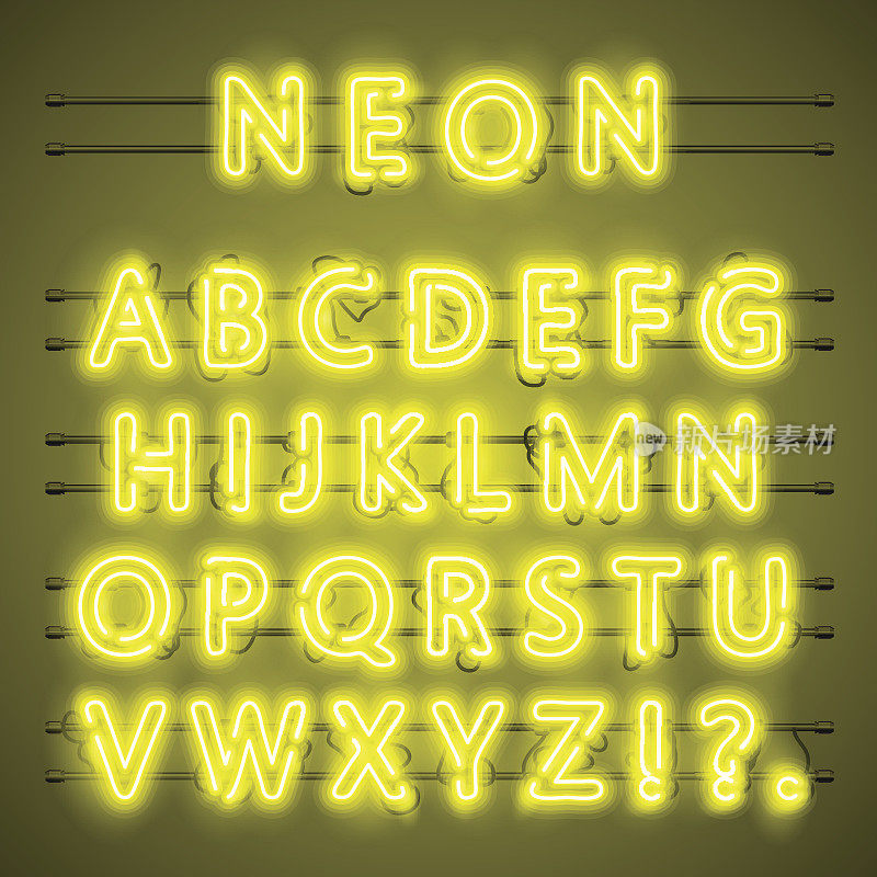 霓虹字体城市文字，暗黄色字母，矢量插图