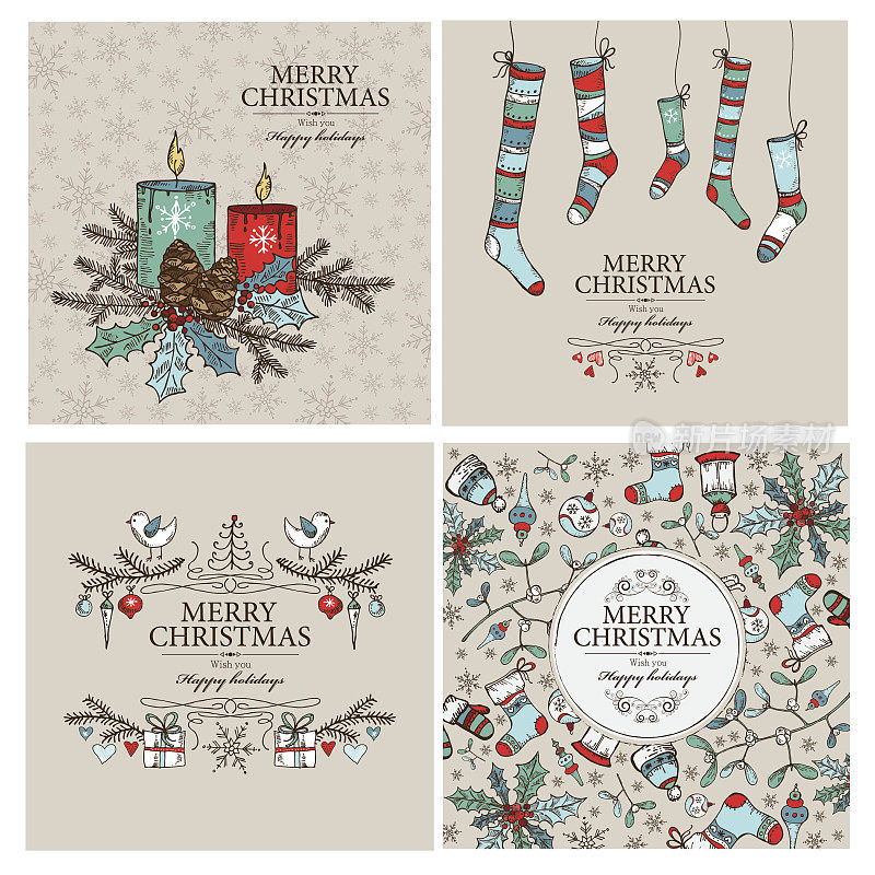 矢量集:圣诞贺卡与圣诞装饰。手绘