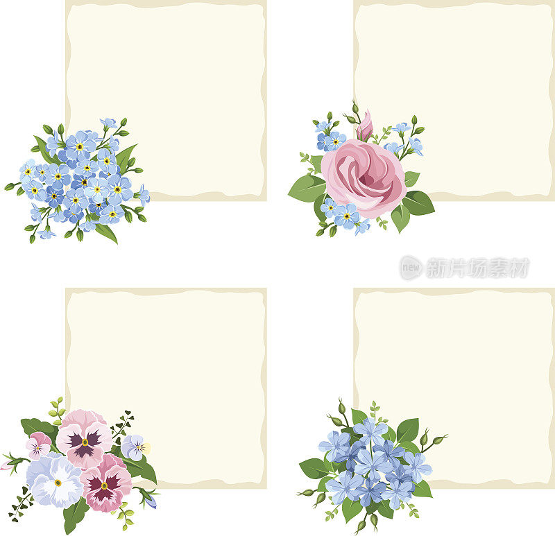 带有各种蓝色和粉色花朵的矢量卡片。