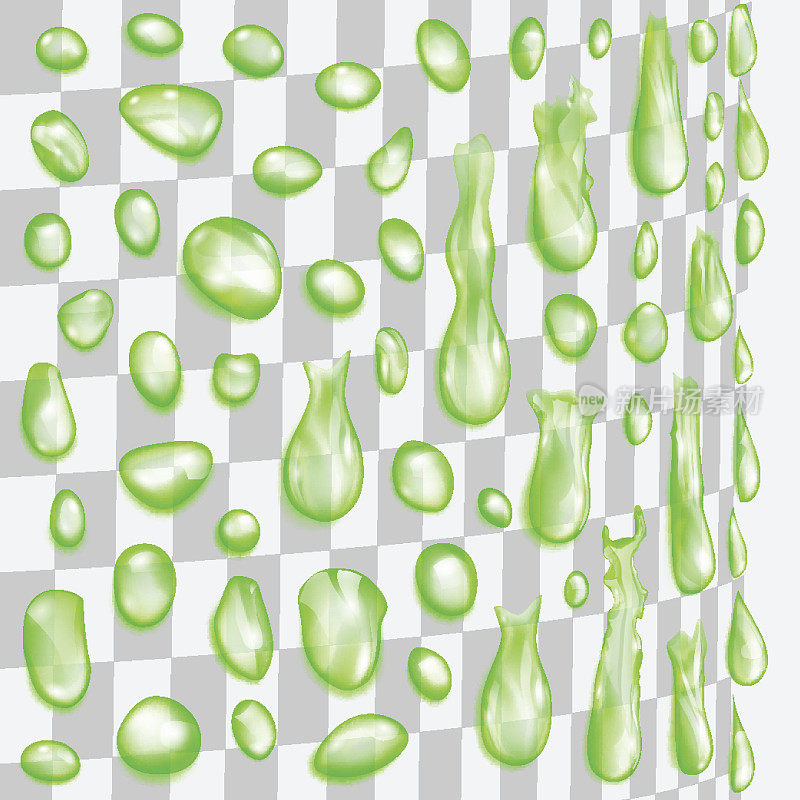 透明的绿色水滴沿圆柱形表面流动