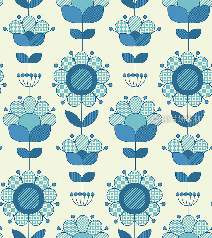 矢量无缝花图案为传统民间风格的表面设计。几何60年代的灵感在蓝色陶器颜色包装纸，织物，布的花卉插图。