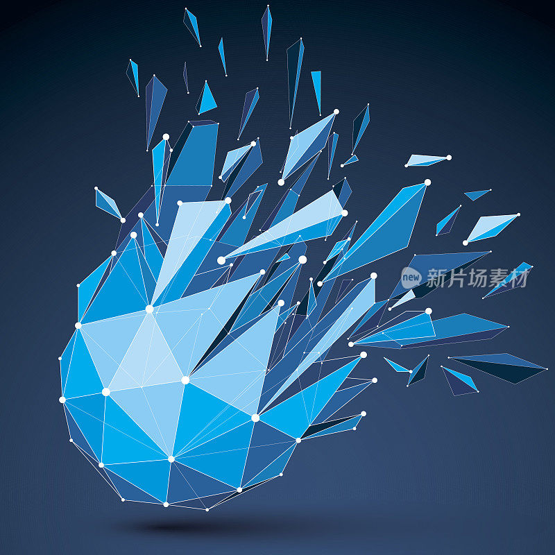 抽象的三维折纸图形与连接的白线和点。矢量低聚破碎设计元素与断裂和颗粒。爆炸效果粉碎蓝色形状。