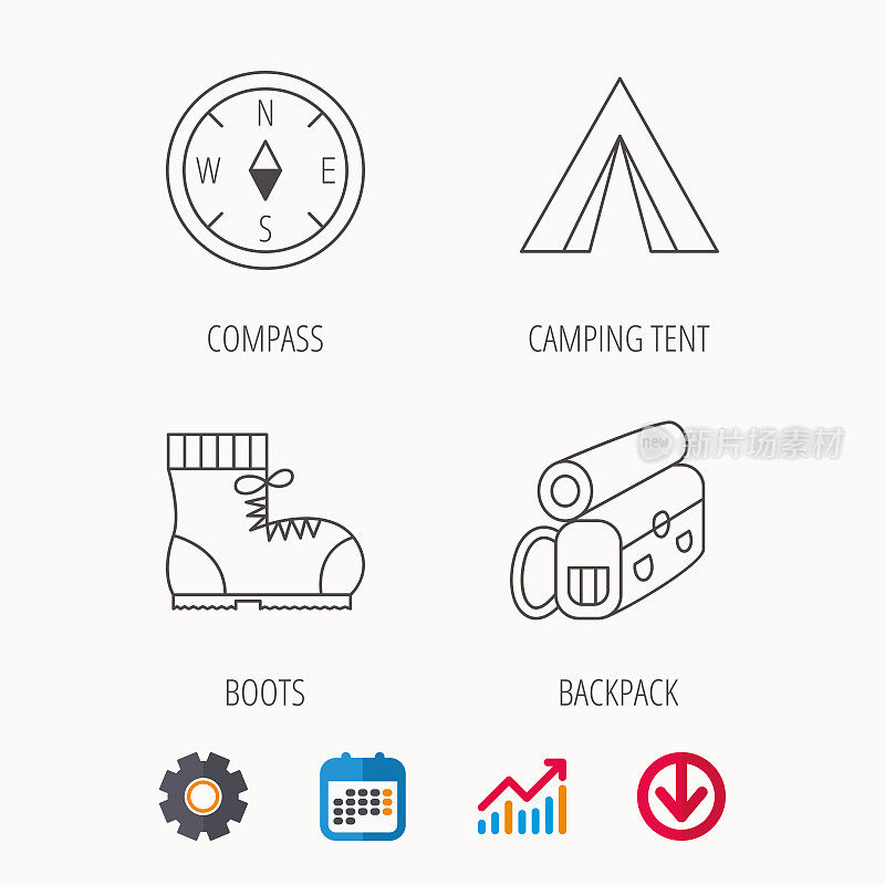 指南针，露营帐篷和登山靴的图标。