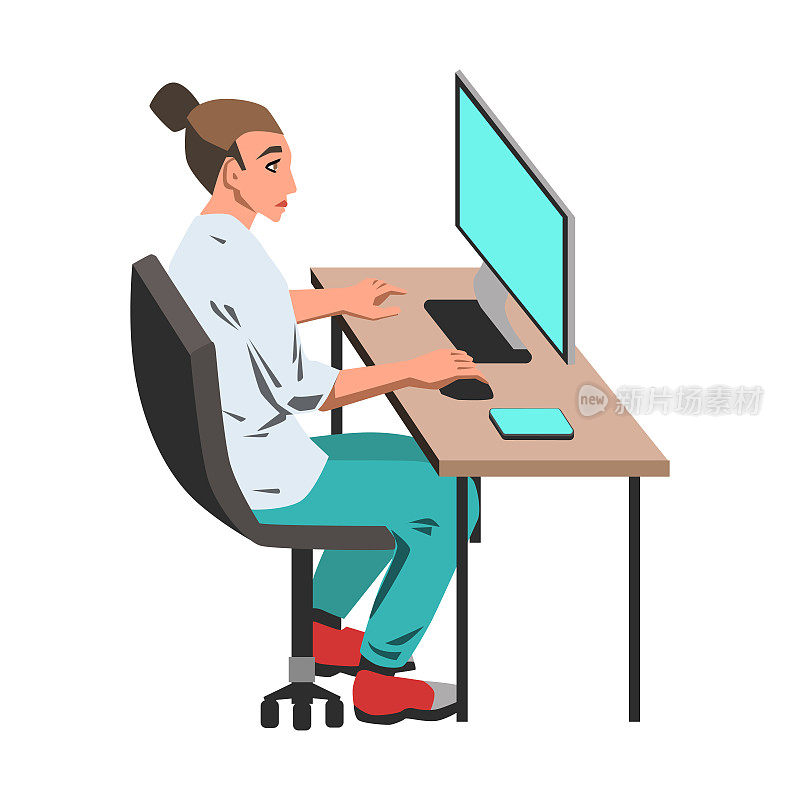 一个女人在她的电脑上工作，在桌上的白色背景上的插图