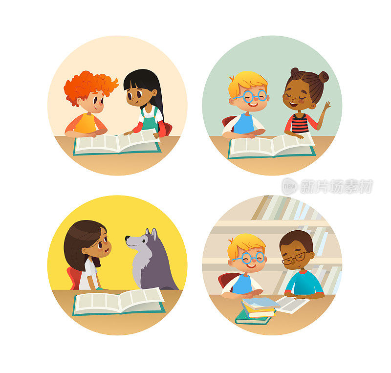 微笑的孩子们在学校图书馆看书和互相交谈。一组学校的孩子讨论文学在圆形框架。卡通矢量插图横幅，海报。