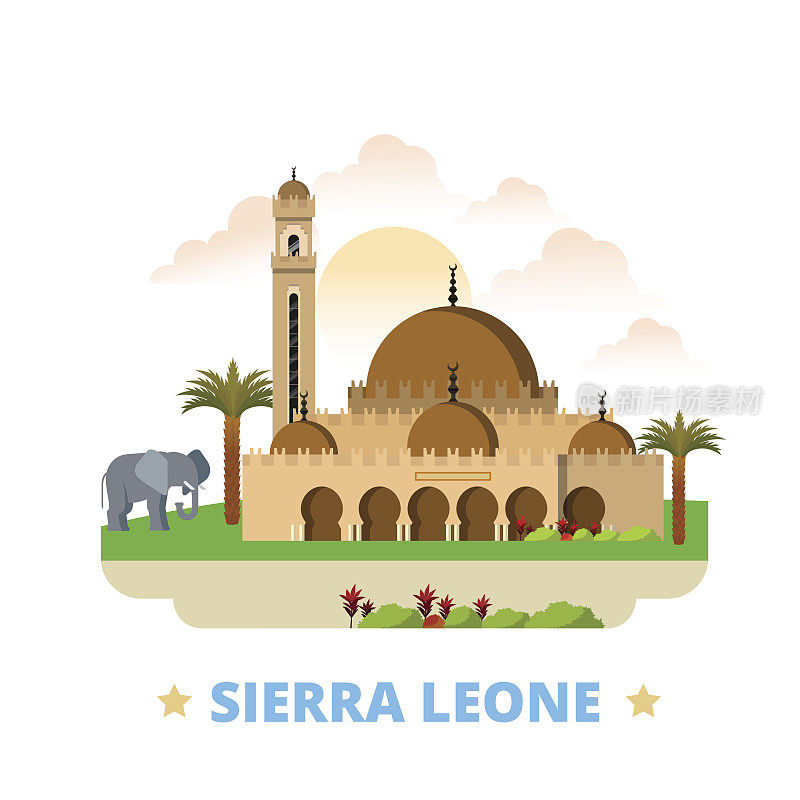 塞拉利昂国家设计模板。平面卡通风格的历史景观展示网站矢量插图。世界度假旅游观光非洲非洲收藏。弗里敦中央清真寺。