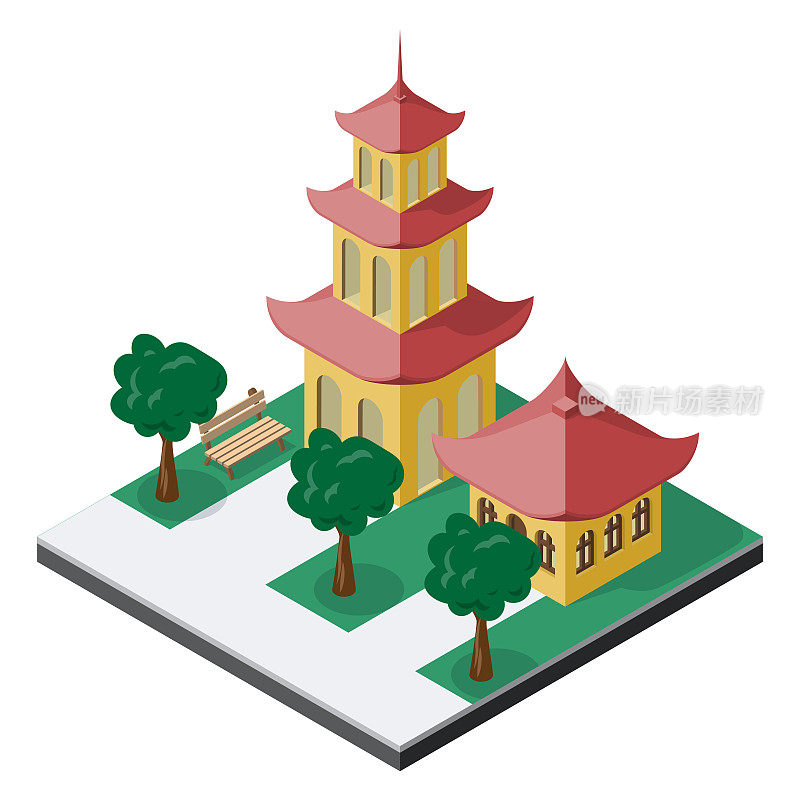 中国宝塔建筑与树木和长凳在等距视图。