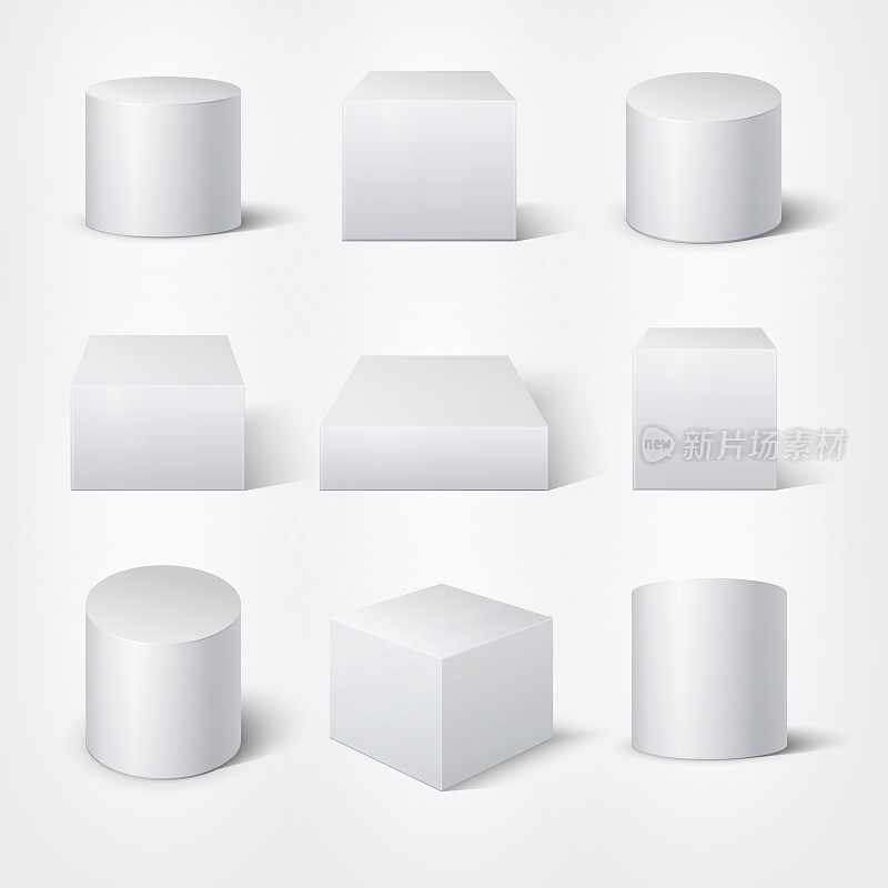 白色空3D圆柱体和立方体。向量产品平台模板