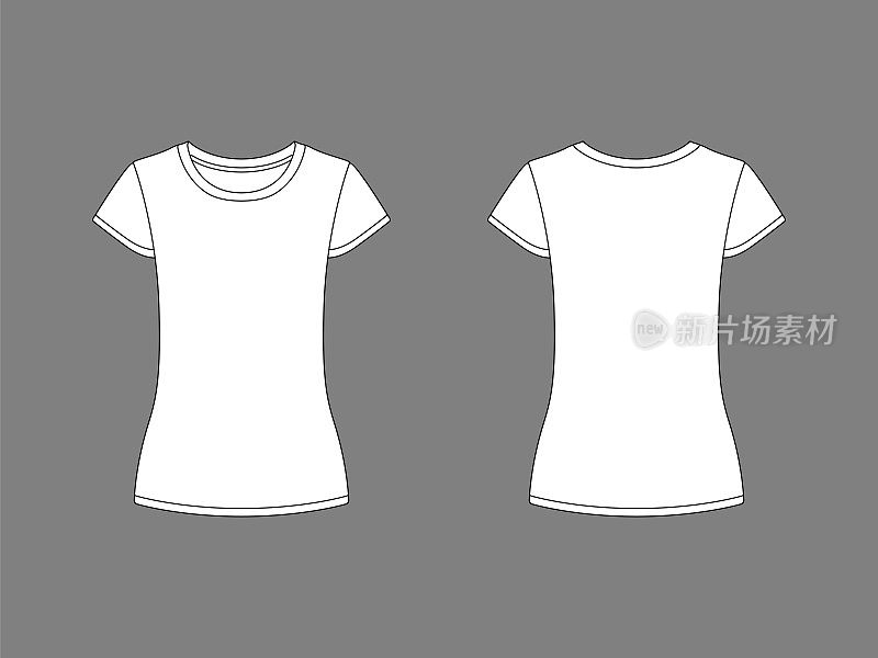 女性t恤模板。白色t恤，孤立的背景