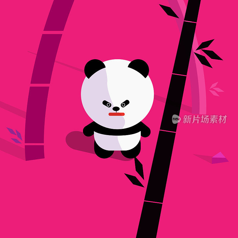 可爱的卡通熊猫在竹林矢量插图。以竹子为背景设计熊猫形象。熊猫站在丛林里。