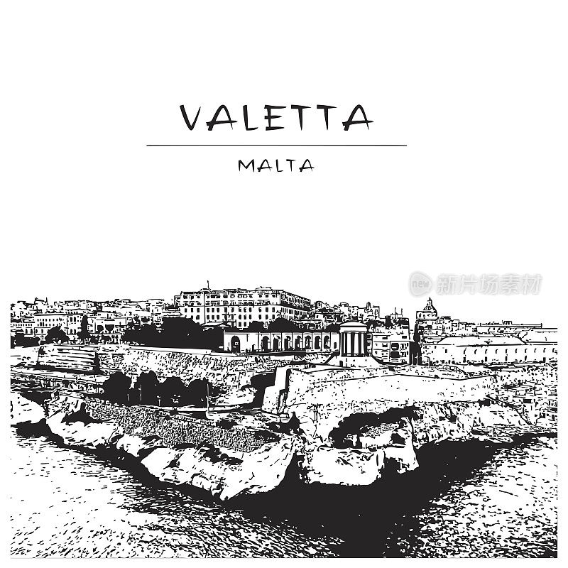 瓦莱塔,马耳他。旧城码头的美丽全景。矢量插图。