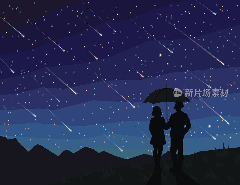 星落。伞下情侣的剪影，看流星。繁星点点的夜空。流星雨。