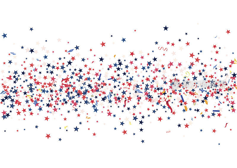 抽象背景与飞天红、蓝、银星、五彩纸屑隔离。美国爱国节日的空白节日模板