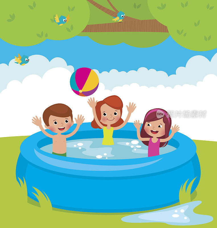 矢量卡通插图的孩子洗澡在一个充气的室外游泳池