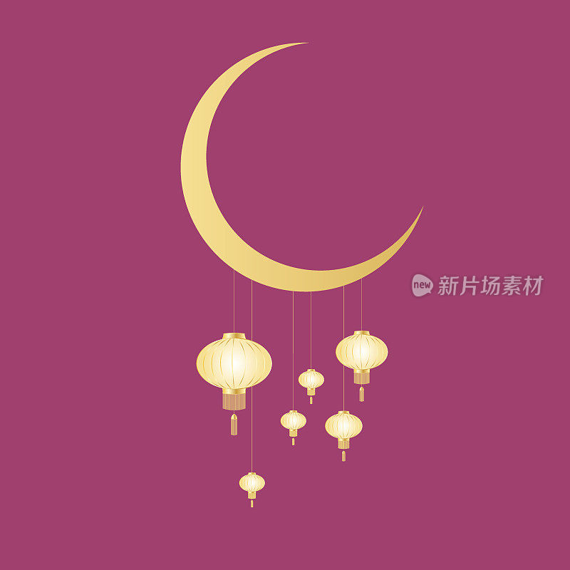 中国的灯笼挂在月亮上。春节。