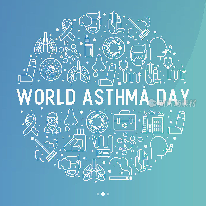 世界哮喘日概念圈，细线图标:空气污染，吸烟，呼吸器，治疗师，吸入器，支气管，过敏症状和过敏原。矢量插图的旗帜，网页。
