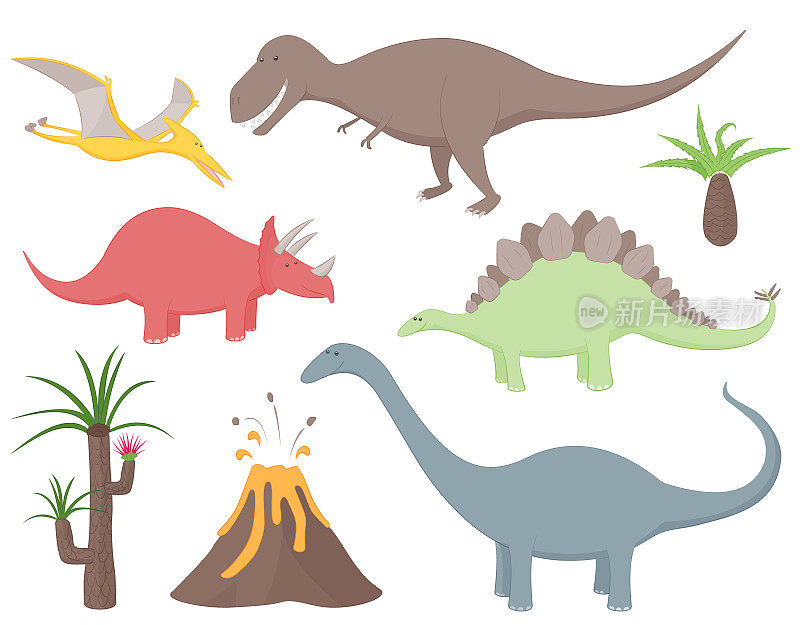 恐龙与雷克斯暴龙，剑龙，三角龙，梁龙，翼龙，史前植物和火山。