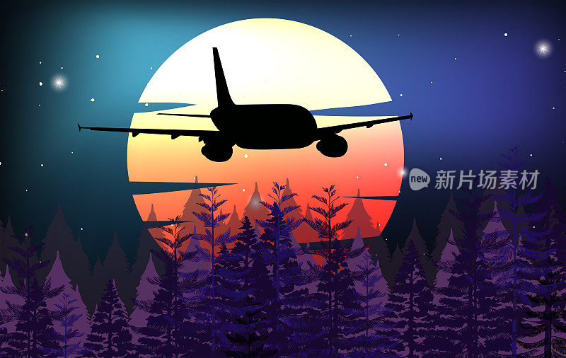 背景场景与飞机飞过森林
