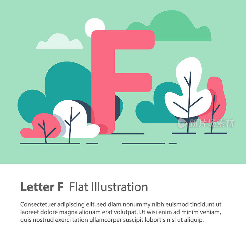 装饰性字母，F字花卉背景，公园树木，简洁字体，教育理念