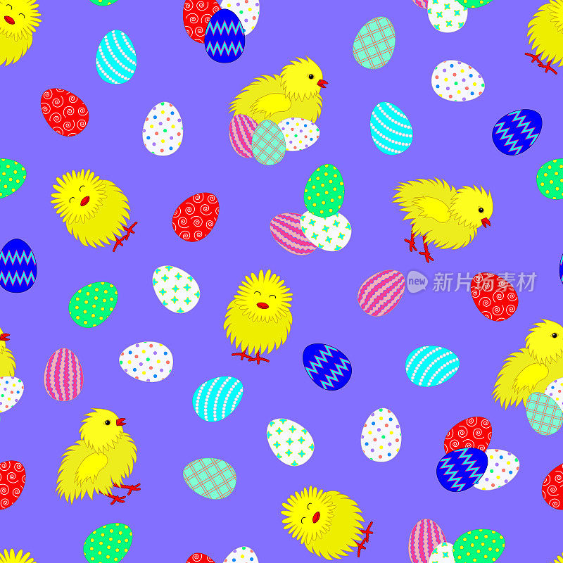 明亮的无缝图案与复活节蛋和鸡。矢量插图。