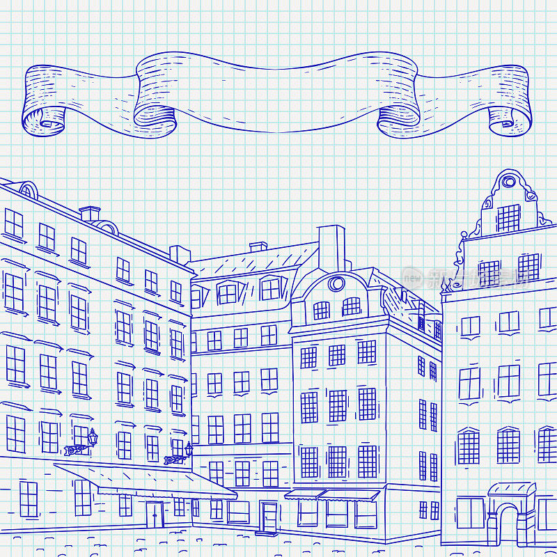 斯德哥尔摩老城Stortorget广场。上手绘草图