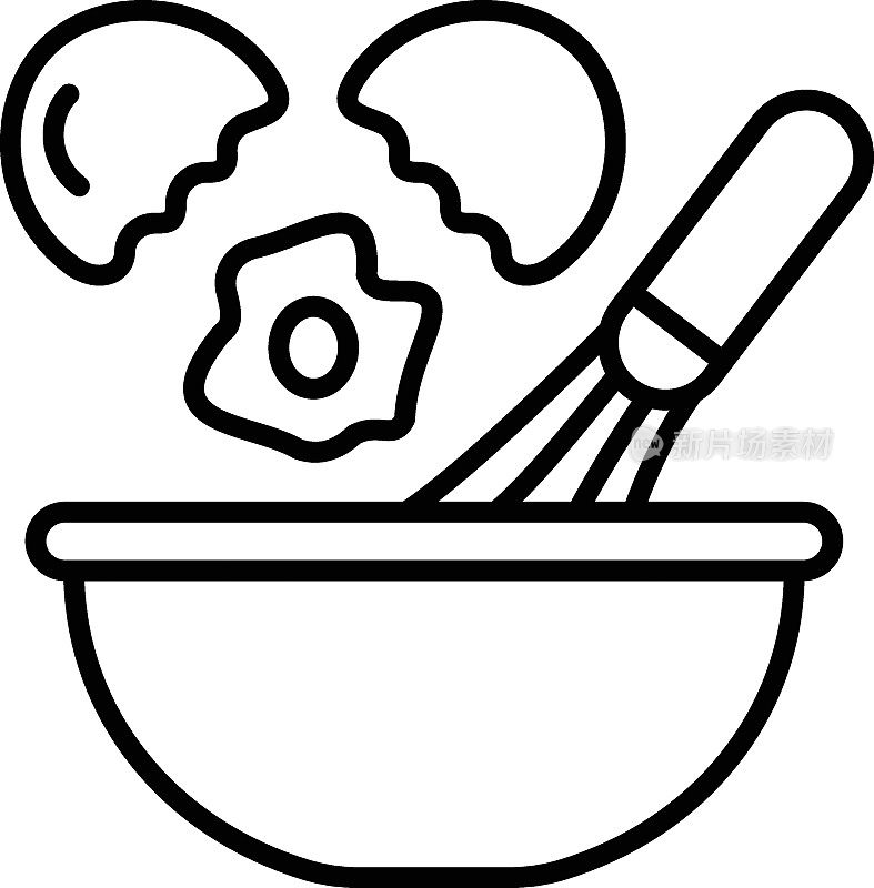 破碎的鸡蛋在混合矢量线图标设计，面包店和面包匠的标志，烹饪大师的标志，食品鉴赏家股票插图，鸡蛋搅拌器与碗的概念