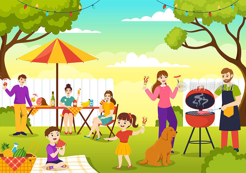 烧烤和烧烤设置矢量插图孩子在节日和夏季烹饪卡通手绘模板公园烧烤或烧烤派对食品