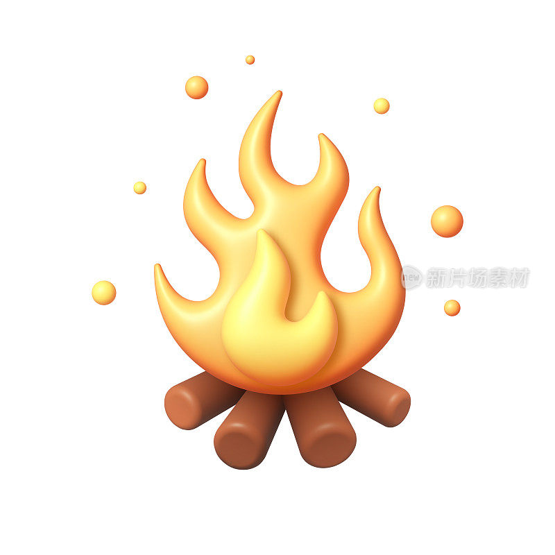 3d篝火与火和木材图标矢量。可爱的设计元素。矢量图