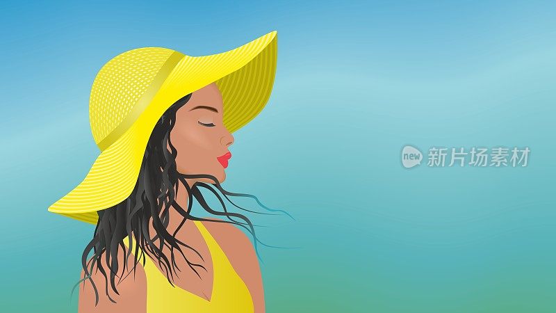 女人戴着黄色的大太阳帽，在蓝色迷离的天空中随风吹着头发。维16:9。矢量插图。
