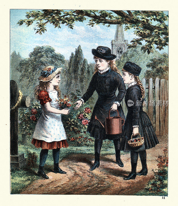 三个年轻女孩，两个穿着黑色丧服，维多利亚时代的死亡，19世纪80年代